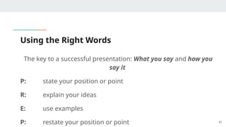 Using the Right Words
The key to a successful presentation: What you say and how you
say it
P: state your position or point
R: explain your ideas
E: use examples
P: restate your position or point 41
 
