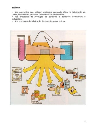 QUÍMICA
5
Nas operações que utilizam materiais contendo sílica na fabricação de
tintas, cosméticos, produtos farmacêuticos e inseticidas.
Nos processos de produção de polidores e abrasivos domésticos e
industriais.
Nos processos de fabricação de cimento, entre outros.
 