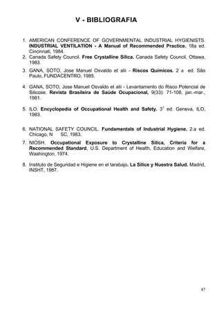 47
V - BIBLIOGRAFIA
1. AMERICAN CONFERENCE OF GOVERNMENTAL INDUSTRIAL HYGIENISTS.
INDUSTRIAL VENTILATION - A Manual of Recommended Practice. 18a ed.
Cincinnati, 1984.
2. Canada Safety Council. Free Crystalline Silica. Canada Safety Council, Ottawa,
1983.
3. GANA, SOTO, Jose Manuel Osvaldo et alii - Riscos Químicos. 2 a ed. São
Paulo, FUNDACENTRO, 1985.
4. GANA, SOTO, Jose Manuel Osvaldo et alii - Levantamento do Risco Potencial de
Silicose. Revista Brasileira de Saúde Ocupacional, 9(33): 71-108, jan.-mar.,
1981.
5. ILO. Encyclopedia of Occupational Health and Safety. 31
ed. Geneva, ILO,
1983.
6. NATIONAL SAFETY COUNCIL. Fundamentals of Industrial Hygiene. 2.a ed.
Chicago, N SC, 1983.
7. NIOSH. Occupational Exposure to Crystalline Silica, Criteria for a
Recommended Standard, U.S. Department of Health, Education and Welfare,
Washington, 1974.
8. Instituto de Seguridad e Higiene en el tarabajo. La Silice y Nuestra Salud. Madrid,
INSHT, 1987.
 