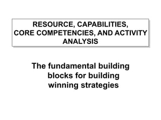 RESOURCE, CAPABILITIES,
CORE COMPETENCIES, AND ACTIVITY
ANALYSIS
The fundamental building
blocks for building
winning strategies
 