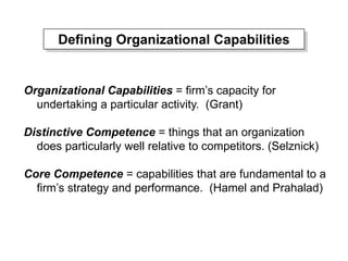 Defining Organizational Capabilities
Organizational Capabilities = firm’s capacity for
undertaking a particular activity. (Grant)
Distinctive Competence = things that an organization
does particularly well relative to competitors. (Selznick)
Core Competence = capabilities that are fundamental to a
firm’s strategy and performance. (Hamel and Prahalad)
 