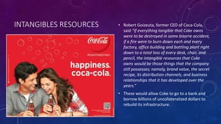 INTANGIBLES RESOURCES • Robert Goizeuta, former CEO of Coca-Cola,
said “if everything tangible that Coke owns
were to be destroyed in some bizarre accident,
if a fire were to burn down each and every
factory, office building and bottling plant right
down to a total loss of every desk, chair, and
pencil, the intangible resources that Coke
owns would be those things that the company
still possesses; namely, brand value, the secret
recipe, its distribution channels, and business
relationships that it has developed over the
years.”
• These would allow Coke to go to a bank and
borrow billions of uncollateralized dollars to
rebuild its infrastructure.
 