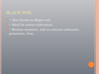 BLACK SOIL
 • Also known as Regur soil.
 • Ideal for cotton cultivation.
 • Retains moisture, rich in calcium carbonate,
potassium, lime.
 