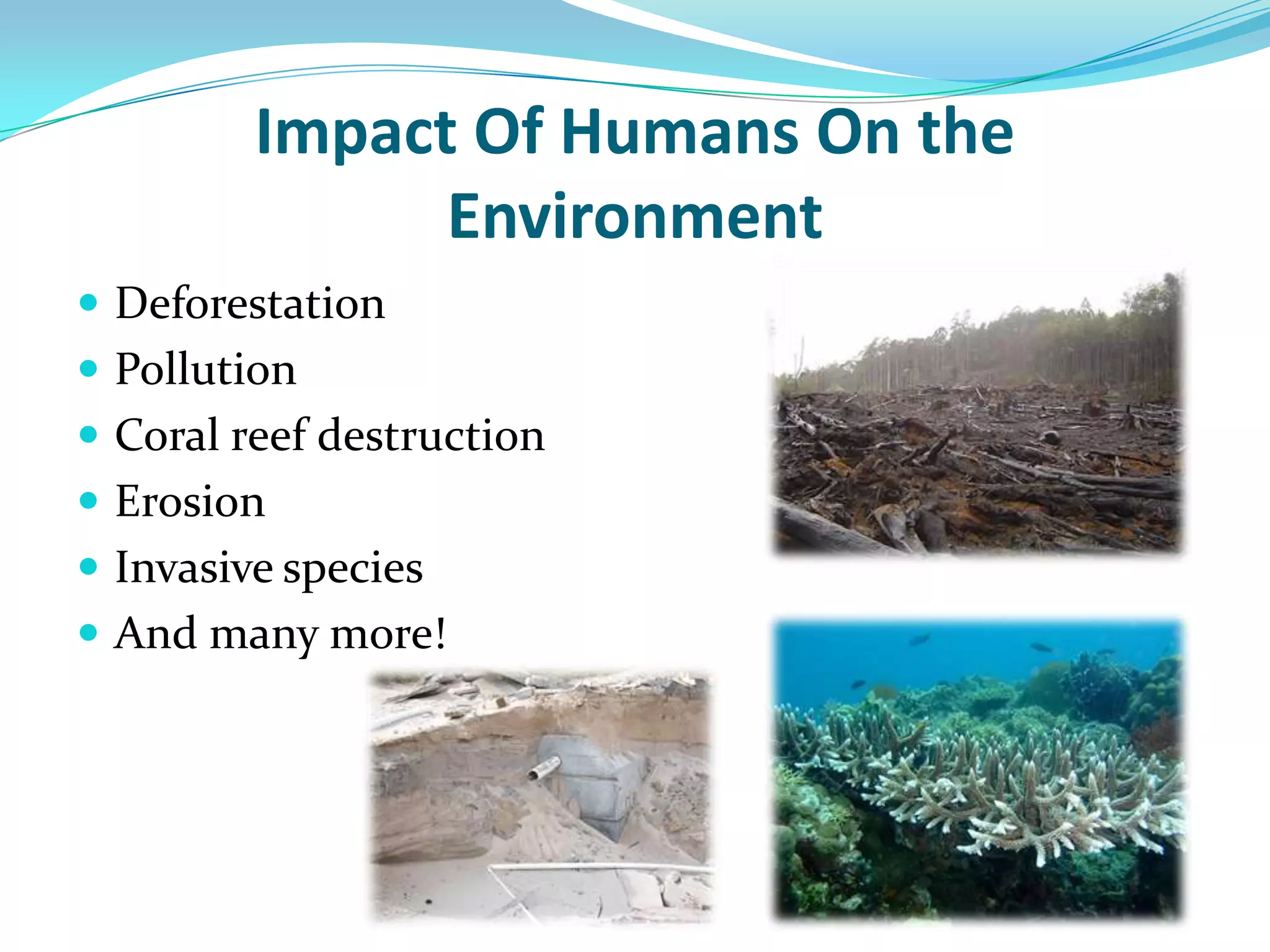Impact Of Humans On the EnvironmentDeforestationPollutionCoral reef destructionErosionInvasive speciesAnd many more!