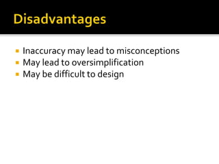  Inaccuracy may lead to misconceptions
 May lead to oversimplification
 May be difficult to design
 