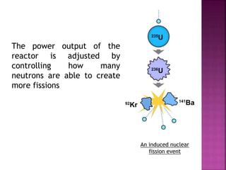 An induced nuclear
fission event
The power output of the
reactor is adjusted by
controlling how many
neutrons are able to create
more fissions
 