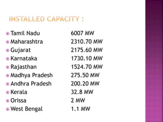  Tamil Nadu 6007 MW
 Maharashtra 2310.70 MW
 Gujarat 2175.60 MW
 Karnataka 1730.10 MW
 Rajasthan 1524.70 MW
 Madhya Pradesh 275.50 MW
 Andhra Pradesh 200.20 MW
 Kerala 32.8 MW
 Orissa 2 MW
 West Bengal 1.1 MW
 