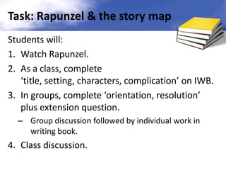 Task: Rapunzel & the story map
Students will:
1. Watch Rapunzel.
2. As a class, complete
‘title, setting, characters, complication’ on IWB.
3. In groups, complete ‘orientation, resolution’
plus extension question.
– Group discussion followed by individual work in
writing book.

4. Class discussion.

 