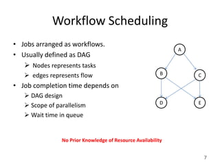 Workflow Scheduling
• Jobs arranged as workflows.
                                                              A
• Usually defined as DAG
    Nodes represents tasks
    edges represents flow                                B       C
• Job completion time depends on
    DAG design
                                                          D       E
    Scope of parallelism
    Wait time in queue


                No Prior Knowledge of Resource Availability


                                                                      7
 