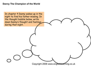 Danny The Champion of the World



 In chapter 4 Danny wakes up in the
 night to find his father missing. In
 the thought bubble below, write
 down Danny’s thought and feelings
 during that night.




                           Copyright 2006 www.englishteaching.co.uk
 