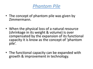 Phantom Pile
• The concept of phantom pile was given by
Zimmermann.
• When the physical loss of a natural resource
(shrinkage in its weight & volume) is over
compensated by the expansion of its functional
capacity it is know as the concept of ‘phantom
pile’.
• The functional capacity can be expanded with
growth & improvement in technology.
 