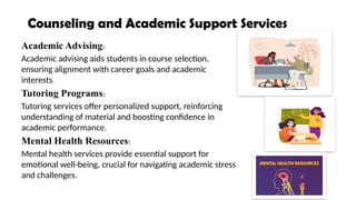 Counseling and Academic Support Services
Academic Advising:
Academic advising aids students in course selection,
ensuring alignment with career goals and academic
interests.
Tutoring Programs:
Tutoring services offer personalized support, reinforcing
understanding of material and boosting confidence in
academic performance.
Mental Health Resources:
Mental health services provide essential support for
emotional well-being, crucial for navigating academic stress
and challenges.
 