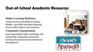 Out-of-School Academic Resources
Online Learning Platforms:
Online courses and platforms deliver
flexible, accessible education fostering
diverse skills anytime and anywhere.
Community Organizations:
Local organizations offer workshops and
mentorship, integrating community
learning into personal and professional
development.
 