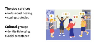 Therapy services
•Professional healing
• coping strategies
Cultural groups
•Identity Belonging
•Social acceptance
 