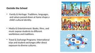 Outside the School
• Family & Heritage: Traditions, languages,
and values passed down at home shape a
child’s cultural identity.
• Media & Entertainment: Books, films, and
music expose students to different
worldviews and traditions.
• Travel & Exchange Programs: International
trips and student exchanges offer direct
exposure to diverse cultures.
 