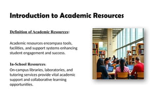 Introduction to Academic Resources
Definition of Academic Resources:
Academic resources encompass tools,
facilities, and support systems enhancing
student engagement and success.
In-School Resources:
On-campus libraries, laboratories, and
tutoring services provide vital academic
support and collaborative learning
opportunities.
 