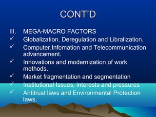 CONT’DCONT’D
III. MEGA-MACRO FACTORS
 Globalization, Deregulation and Libralization.
 Computer,Infomation and Telecommunication
advancement.
 Innovations and modernization of work
methods.
 Market fragmentation and segmentation
 Institutional Issues, interests and pressures
 Antitrust laws and Environmental Protection
laws.
 