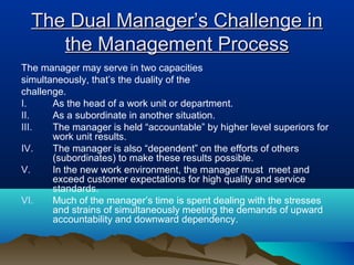 The Dual Manager’s Challenge inThe Dual Manager’s Challenge in
the Management Processthe Management Process
The manager may serve in two capacities
simultaneously, that’s the duality of the
challenge.
I. As the head of a work unit or department.
II. As a subordinate in another situation.
III. The manager is held “accountable” by higher level superiors for
work unit results.
IV. The manager is also “dependent” on the efforts of others
(subordinates) to make these results possible.
V. In the new work environment, the manager must meet and
exceed customer expectations for high quality and service
standards.
VI. Much of the manager’s time is spent dealing with the stresses
and strains of simultaneously meeting the demands of upward
accountability and downward dependency.
 
