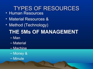 TYPES OF RESOURCESTYPES OF RESOURCES
• Human Resources
• Material Resources &
• Method (Technology)
THE 5Ms OF MANAGEMENT
– Man
– Material
– Machine
– Money &
– Minute
 