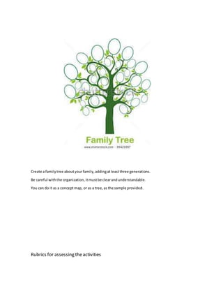 Create a family tree about your family, adding at least three generations. 
Be careful with the organization, it must be clear and understandable. 
You can do it as a concept map, or as a tree, as the sample provided. 
Rubrics for assessing the activities 
 
