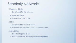 Scholarly Networks
• ResearchGate
– Developed for the sciences
• Academia.edu
– Broad categories of use
• SSRN
– Developed for social sciences
– Emphasis on pre-publications and white papers
• Mendeley
– Broad categories of use
– Focus on citation discovery and management
 