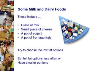Some Milk and Dairy Foods
These include …
•
•
•
•

Glass of milk
Small piece of cheese
A pot of yogurt
A pot of fromage frais

Try to choose the low fat options
Eat full fat options less often or
Have smaller portions

 