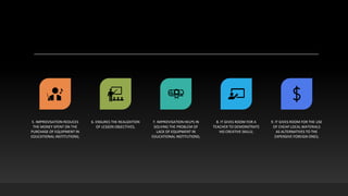 5. IMPROVISATION REDUCES
THE MONEY SPENT ON THE
PURCHASE OF EQUIPMENT IN
EDUCATIONAL INSTITUTIONS;
6. ENSURES THE REALIZATION
OF LESSON OBJECTIVES;
7. IMPROVISATION HELPS IN
SOLVING THE PROBLEM OF
LACK OF EQUIPMENT IN
EDUCATIONAL INSTITUTIONS;
8. IT GIVES ROOM FOR A
TEACHER TO DEMONSTRATE
HIS CREATIVE SKILLS;
9. IT GIVES ROOM FOR THE USE
OF CHEAP LOCAL MATERIALS
AS ALTERNATIVES TO THE
EXPENSIVE FOREIGN ONES;
 