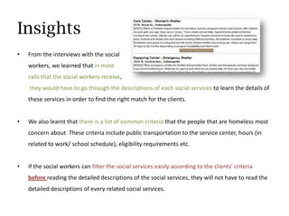 InsightsFrom the interviews with the social workers, we learned that in most 	calls that the social workers receive,they would have to go through the descriptions of each social services to learn the details of these services in order to find the right match for the clients. We also learnt that there is a list of common criteria that the people that are homeless most concern about. These criteria include public transportation to the service center, hours (in related to work/ school schedule), eligibility requirements etc.If the social workers can filter the social services easily according to the clients’ criteria before reading the detailed descriptions of the social services, they will not have to read the detailed descriptions of every related social services.