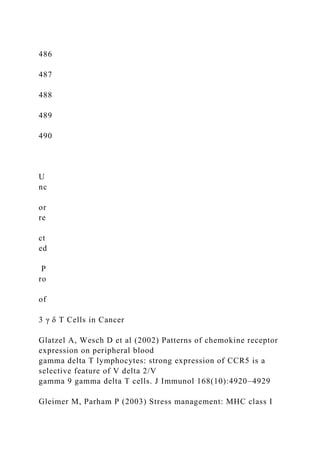 486
487
488
489
490
U
nc
or
re
ct
ed
P
ro
of
3 γ δ T Cells in Cancer
Glatzel A, Wesch D et al (2002) Patterns of chemokine receptor
expression on peripheral blood
gamma delta T lymphocytes: strong expression of CCR5 is a
selective feature of V delta 2/V
gamma 9 gamma delta T cells. J Immunol 168(10):4920–4929
Gleimer M, Parham P (2003) Stress management: MHC class I
 