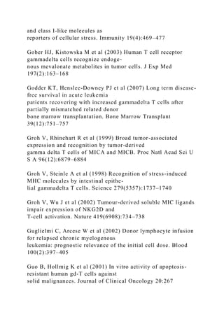 and class I-like molecules as
reporters of cellular stress. Immunity 19(4):469–477
Gober HJ, Kistowska M et al (2003) Human T cell receptor
gammadelta cells recognize endoge-
nous mevalonate metabolites in tumor cells. J Exp Med
197(2):163–168
Godder KT, Henslee-Downey PJ et al (2007) Long term disease-
free survival in acute leukemia
patients recovering with increased gammadelta T cells after
partially mismatched related donor
bone marrow transplantation. Bone Marrow Transplant
39(12):751–757
Groh V, Rhinehart R et al (1999) Broad tumor-associated
expression and recognition by tumor-derived
gamma delta T cells of MICA and MICB. Proc Natl Acad Sci U
S A 96(12):6879–6884
Groh V, Steinle A et al (1998) Recognition of stress-induced
MHC molecules by intestinal epithe-
lial gammadelta T cells. Science 279(5357):1737–1740
Groh V, Wu J et al (2002) Tumour-derived soluble MIC ligands
impair expression of NKG2D and
T-cell activation. Nature 419(6908):734–738
Guglielmi C, Arcese W et al (2002) Donor lymphocyte infusion
for relapsed chronic myelogenous
leukemia: prognostic relevance of the initial cell dose. Blood
100(2):397–405
Guo B, Hollmig K et al (2001) In vitro activity of apoptosis-
resistant human gd-T cells against
solid malignances. Journal of Clinical Oncology 20:267
 