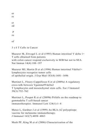 or
re
ct
ed
P
ro
of
3 γ δ T Cells in Cancer
Maeurer M, Zitvogel L et al (1995) Human intestinal V delta 1+
T cells obtained from patients
with colon cancer respond exclusively to SEB but not to SEA.
Nat Immun 14(4):188–197
Maeurer MJ, Martin D et al (1996) Human intestinal Vdelta1+
lymphocytes recognize tumor cells
of epithelial origin. J Exp Med 183(4):1681–1696
Martinet L, Fleury-Cappellesso S et al (2009a) A regulatory
cross-talk between Vgamma9Vdelta2
T lymphocytes and mesenchymal stem cells. Eur J Immunol
39(3):752–762
Martinet L, Poupot R et al (2009b) Pitfalls on the roadmap to
gammadelta T cell-based cancer
immunotherapies. Immunol Lett 124(1):1–8
Mateo L, Gardner J et al (1999) An HLA-A2 polyepitope
vaccine for melanoma immunotherapy.
J Immunol 163(7):4058–4063
Meeh PF, King M et al (2006) Characterization of the
 