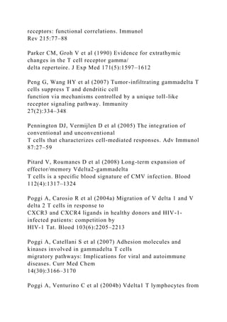 receptors: functional correlations. Immunol
Rev 215:77–88
Parker CM, Groh V et al (1990) Evidence for extrathymic
changes in the T cell receptor gamma/
delta repertoire. J Exp Med 171(5):1597–1612
Peng G, Wang HY et al (2007) Tumor-infiltrating gammadelta T
cells suppress T and dendritic cell
function via mechanisms controlled by a unique toll-like
receptor signaling pathway. Immunity
27(2):334–348
Pennington DJ, Vermijlen D et al (2005) The integration of
conventional and unconventional
T cells that characterizes cell-mediated responses. Adv Immunol
87:27–59
Pitard V, Roumanes D et al (2008) Long-term expansion of
effector/memory Vdelta2-gammadelta
T cells is a specific blood signature of CMV infection. Blood
112(4):1317–1324
Poggi A, Carosio R et al (2004a) Migration of V delta 1 and V
delta 2 T cells in response to
CXCR3 and CXCR4 ligands in healthy donors and HIV-1-
infected patients: competition by
HIV-1 Tat. Blood 103(6):2205–2213
Poggi A, Catellani S et al (2007) Adhesion molecules and
kinases involved in gammadelta T cells
migratory pathways: Implications for viral and autoimmune
diseases. Curr Med Chem
14(30):3166–3170
Poggi A, Venturino C et al (2004b) Vdelta1 T lymphocytes from
 