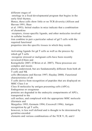 different stages of
ontology in a fixed developmental program that begins in the
early fetal thymus.
Hence, these cells show little or no TCR diversity (Allison and
Havran 1991; Haas
et al. 1993). Initial studies in mice indicate that a combination
of chemokine
receptors, tissue-specific ligands, and other molecules involved
in cellular localiza-
tion combine to pair a particular subset of gd T cells with the
required functional
properties into the specific tissues in which they reside.
Activating ligands for gd T cells as well as the process by
which gd T cells
recognize stressed or malignant cells have been recently
reviewed (Chien and
Konigshofer 2007; O’Brien et al. 2007). These processes are
complex and incom-
pletely understood, but are fundamentally different from both ab
T cells and NK
cells (Boismenu and Havran 1997; Hayday 2000). Functional
characteristics of ab
T cells derive from recognition of peptides that are displayed on
MHC Class I or
Class II molecules by antigen presenting cells (APCs).
Endogenous or exogenous
proteins are degraded in the endocytic compartments of APCs,
transported to the
cell surface, and complexed with the appropriate MHC molecule
(Germain and
Margulies 1993; Germain 1994; Cresswell 1996). Antigen
recognition by gd T cells,
however, is less well defined and is thought to be determined by
germline-encoded
elements and various combinations of the TCR V, D, and J
 
