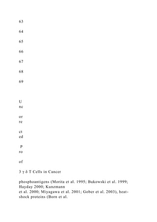 63
64
65
66
67
68
69
U
nc
or
re
ct
ed
P
ro
of
3 γ δ T Cells in Cancer
phosphoantigens (Morita et al. 1995; Bukowski et al. 1999;
Hayday 2000; Kunzmann
et al. 2000; Miyagawa et al. 2001; Gober et al. 2003), heat-
shock proteins (Born et al.
 