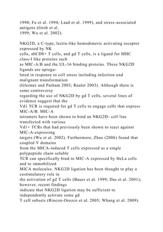 1990; Fu et al. 1994; Laad et al. 1999), and stress-associated
antigens (Groh et al.
1999; Wu et al. 2002).
NKG2D, a C-type, lectin-like homodimeric activating receptor
expressed by NK
cells, abCD8+ T cells, and gd T cells, is a ligand for MHC
class-I like proteins such
as MIC-A/B and the UL-16 binding proteins. These NKG2D
ligands are upregu-
lated in response to cell stress including infection and
malignant transformation
(Gleimer and Parham 2003; Raulet 2003). Although there is
some controversy
regarding the use of NKG2D by gd T cells, several lines of
evidence suggest that the
Vd1 TCR is required for gd T cells to engage cells that express
MIC-A/B. MIC-A
tetramers have been shown to bind an NKG2D- cell line
transfected with various
Vd1+ TCRs that had previously been shown to react against
MIC-A-expressing
targets (Wu et al. 2002). Furthermore, Zhao (2006) found that
coupled V domains
from the MICA-induced T cells expressed as a single
polypeptide chain soluble
TCR can specifically bind to MIC-A expressed by HeLa cells
and to immobilized
MICA molecules. NKG2D ligation has been thought to play a
costimulatory role in
the activation of gd T cells (Bauer et al. 1999; Das et al. 2001);
however, recent findings
indicate that NKG2D ligation may be sufficient to
independently activate some gd
T cell subsets (Rincon-Orozco et al. 2005; Whang et al. 2009).
 