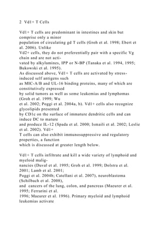2 Vd1+ T Cells
Vd1+ T cells are predominant in intestines and skin but
comprise only a minor
population of circulating gd T cells (Groh et al. 1998; Ebert et
al. 2006). Unlike
Vd2+ cells, they do not preferentially pair with a specific Vg
chain and are not acti-
vated by alkylamines, IPP or N-BP (Tanaka et al. 1994, 1995;
Bukowski et al. 1995).
As discussed above, Vd1+ T cells are activated by stress-
induced self antigens such
as MIC-A/B and UL-16 binding proteins, many of which are
constitutively expressed
by solid tumors as well as some leukemias and lymphomas
(Groh et al. 1999; Wu
et al. 2002; Poggi et al. 2004a, b). Vd1+ cells also recognize
glycolipids presented
by CD1c on the surface of immature dendritic cells and can
induce DC to mature
and produce IL-12 (Spada et al. 2000; Ismaili et al. 2002; Leslie
et al. 2002). Vd1+
T cells can also exhibit immunosuppressive and regulatory
properties, a function
which is discussed at greater length below.
Vd1+ T cells infiltrate and kill a wide variety of lymphoid and
myeloid malig-
nancies (Duval et al. 1995; Groh et al. 1999; Dolstra et al.
2001; Lamb et al. 2001;
Poggi et al. 2004b; Catellani et al. 2007), neuroblastoma
(Schilbach et al. 2008),
and cancers of the lung, colon, and pancreas (Maeurer et al.
1995; Ferrarini et al.
1996; Maeurer et al. 1996). Primary myeloid and lymphoid
leukemias activate
 