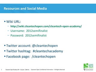Resources and Social Media


    • Wiki URL:
         – http://wiki.cleantechopen.com/cleantech-open-academy/
         – Username: 2012semifinalist
         – Password: 2012semifinalist


    • Twitter account: @cleantechopen
    • Twitter hashtag: #cleantechacademy
    • Facebook page: /cleantechopen


1    Cleantech Open Academy 2011 | San Jose | California   Cleantech Open Confidential Information – All Rights Reserved
 