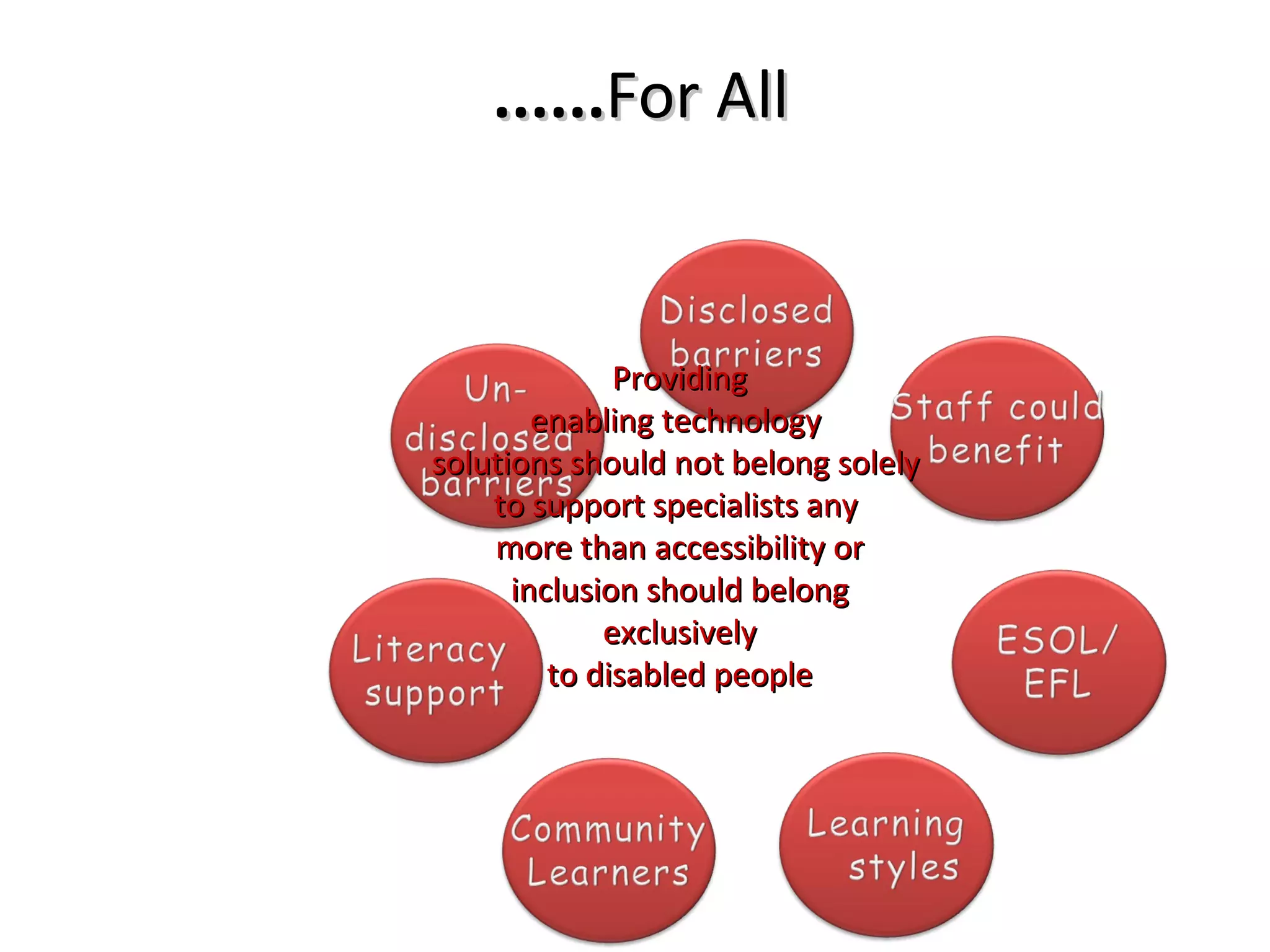...... For All Providing enabling technology  solutions should not belong solely  to support specialists any  more than accessibility or inclusion should belong exclusively to disabled people 