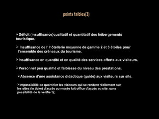 Déficit (insuffisance)qualitatif et quantitatif des hébergements
touristique.
 Insuffisance de l’ hôtellerie moyenne de gamme 2 et 3 étoiles pour
l’ensemble des créneaux du tourisme.
Insuffisance en quantité et en qualité des services offerts aux visiteurs.
Personnel peu qualifié et faiblesse du niveau des prestations.
Absence d'une assistance didactique (guide) aux visiteurs sur site.
Impossibilité de quantifier les visiteurs qui se rendent réellement sur
les sites (le ticket d'accès au musée fait office d'accès au site, sans
possibilité de le vérifier!);

 