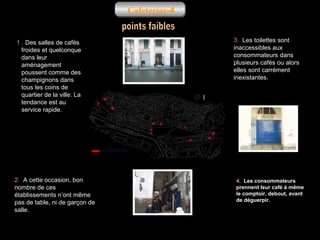 Cafeterias-4
3. Les toilettes sont
inaccessibles aux
consommateurs dans
plusieurs cafés ou alors
elles sont carrément
inexistantes.

1 . Des salles de cafés
froides et quelconque
dans leur
aménagement
poussent comme des
champignons dans
tous les coins de
quartier de la ville. La
tendance est au
service rapide.

Cafeterias

2. A cette occasion, bon
nombre de ces
établissements n’ont même
pas de table, ni de garçon de
salle.

4. Les consommateurs
prennent leur café à même
le comptoir, debout, avant
de déguerpir.

 