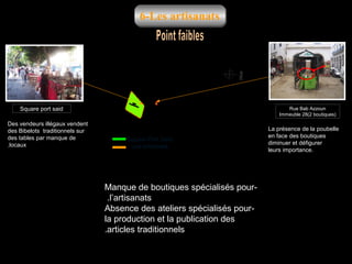 6-Les artisanats

Square port said
Des vendeurs illégaux vendent
des Bibelots traditionnels sur
des tables par manque de
.locaux

Rue Bab Azzoun
Immeuble 28(2 boutiques)

Square Port Saïd
Les artisanats

Manque de boutiques spécialisés pour.l’artisanats
Absence des ateliers spécialisés pourla production et la publication des
.articles traditionnels

La présence de la poubelle
en face des boutiques
diminuer et défigurer
leurs importance.

 