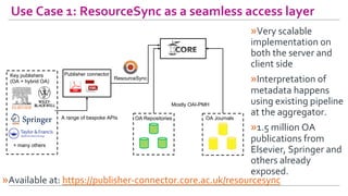 Use	Case	1:	ResourceSync	as	a	seamless	access	layer	
» Very	scalable	
implementation	on	
both	the	server	and	
client	side	...