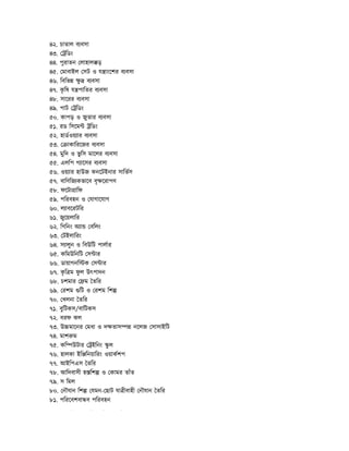 ৪২. চাতাল ব বসা
৪৩. িডং
৪৪. পুরাতন লাহাল ড়
৪৫. মাবাইল সট ও য াংেশর ব বসা
৪৬. িবিভ ু ব বসা
৪৭. ক
ৃ িষ য পািতর ব বসা
৪৮. সােরর ব বসা
৪৯. পাট িডং
৫০. কাপড় ও জুতার ব বসা
৫১. রড িসেম িডং
৫২. হাডওয় ার ব বসা
৫৩. াকািরেজর ব বসা
৫৪. মুিদ ও ভু িস মােলর ব বসা
৫৫. এলিপ গ ােসর ব বসা
৫৬. ওয় ার হাউজ কনেটইনার সািভস
৫৭. বািণিজ কভােব বৃ েরাপণ
৫৮. ফেটা ািফ
৫৯. পিরবহন ও যাগােযাগ
৬০. ল াবেরটির
৬১. জুেয়লাির
৬২. িগিনং অ া বিলং
৬৩. টইলািরং
৬৪. স ালুন ও িবউিট পালার
৬৫. কিমউিনিট স ার
৬৬. ডায়াগনি ক স ার
৬৭. ক
ৃ ি ম ফ
ু ল উৎপাদন
৬৮. চশমার ম তির
৬৯. রশম িট ও রশম িশ
৭০. খলনা তির
৭১. বুিটকস/বািটকস
৭২. বরফ কল
৭৩. উ মােনর মধা ও দ তাস নেলজ সাসাইিট
৭৪. মাশ ম
৭৫. কি উটার ইিনং ু ল
৭৬. হালকা ইি িনয়ািরং ওয়াকশপ
৭৭. আইিপএস তির
৭৮. আিদবাসী হ িশ ও কামর তাঁত
৭৯. স িমল
৮০. নৗযান িশ যমন- ছাট যা ীবাহী নৗযান তির
৮১. পিরেবশবা ব পিরবহন
ইি ি ি ি
 