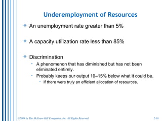 2-16
The Production Possibilities Curve
• Points A, B, C, D, E, and F are
efficient with full employment
and full production.
• Points X, Y, and Z are points
where economy is producing
below efficiency since either
capital is being under utilized or
the workforce is underemployed.
You can produce more guns
without sacrificing butter, or
vice versa.
• Any point above the production
possibility curve, such as W, is
not achievable.
 