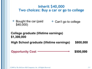 2-5
Inherit $40,000
Two choices: Buy a car or go to college
Bought the car (paid
$40,000)
Can’t go to college
College graduate (lifetime earnings) $1,300,000College graduate (lifetime earnings) $1,300,000
High School graduate (lifetime earnings) $800,000High School graduate (lifetime earnings) $800,000
Opportunity Cost $500,000$500,000
 