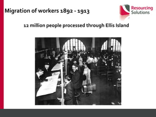 Migration of workers 1892 - 1913 12 million people processed through Ellis Island   