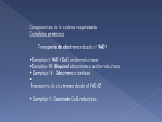 Componentes de la cadena respiratoriaComplejos proteicos        Transporte de electrones desde el NADHComplejo I: NADH CoQoxidorreductasa