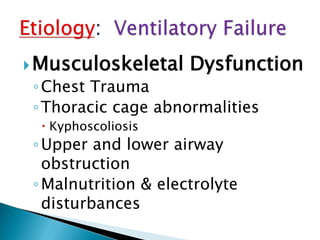 Musculoskeletal Dysfunction
◦Chest Trauma
◦Thoracic cage abnormalities
 Kyphoscoliosis
◦Upper and lower airway
obstruction
◦Malnutrition & electrolyte
disturbances
 