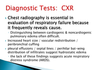  Chest radiography is essential in
evaluation of respiratory failure because
it frequently reveals cause.
◦ Distinguishing between cardiogenic & noncardiogenic
pulmonary edema often difficult.
 Increased heart size / vascular redistribution /
peribronchial cuffing
 pleural effusions / septal lines / perihilar bat-wing
distribution of infiltrates suggest hydrostatic edema
◦ the lack of these findings suggests acute respiratory
distress syndrome (ARDS).
 