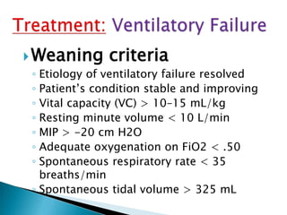Weaning criteria
◦ Etiology of ventilatory failure resolved
◦ Patient’s condition stable and improving
◦ Vital capacity (VC) > 10–15 mL/kg
◦ Resting minute volume < 10 L/min
◦ MIP > -20 cm H2O
◦ Adequate oxygenation on FiO2 < .50
◦ Spontaneous respiratory rate < 35
breaths/min
◦ Spontaneous tidal volume > 325 mL
 